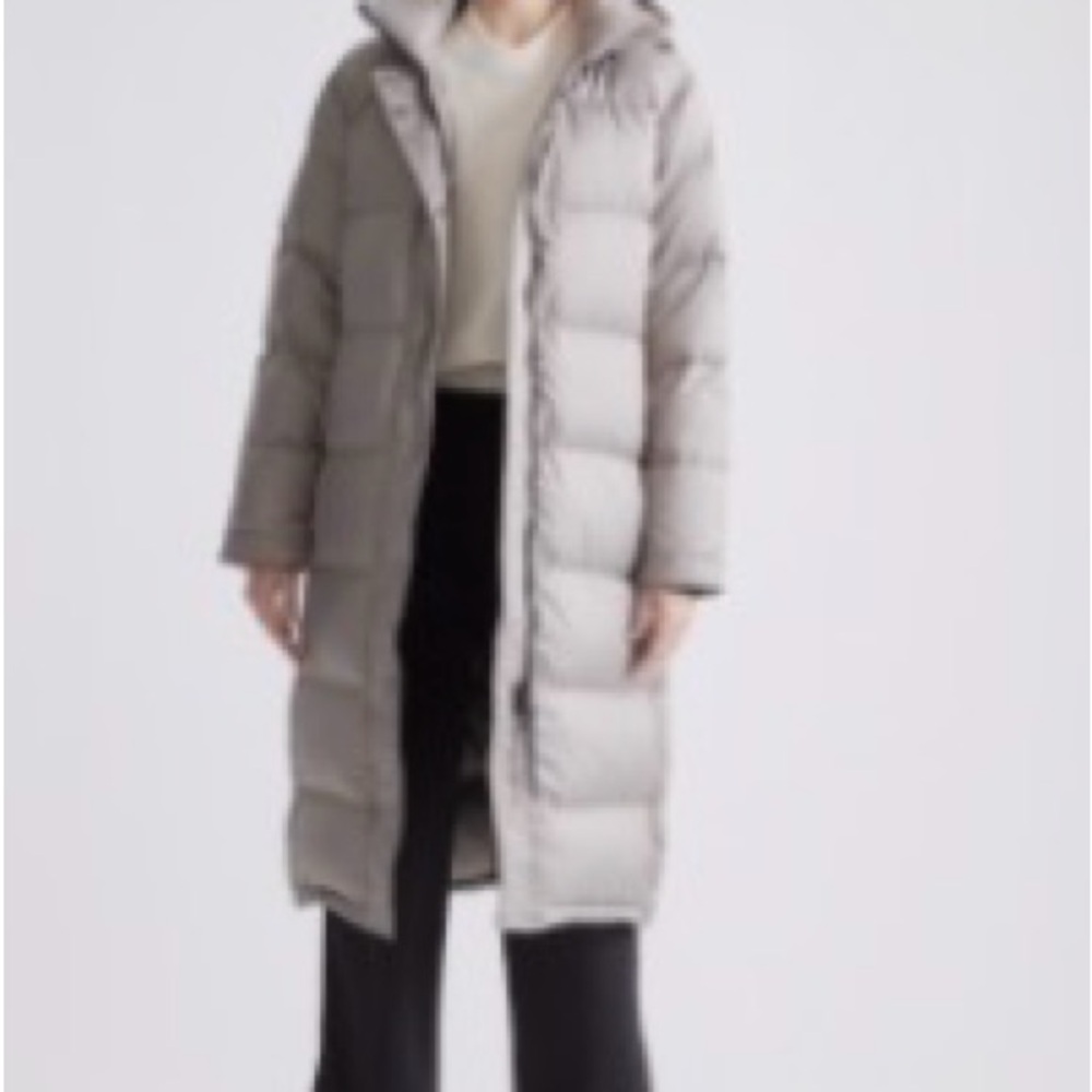 Long Quilted Puffer Coat in stone taupe